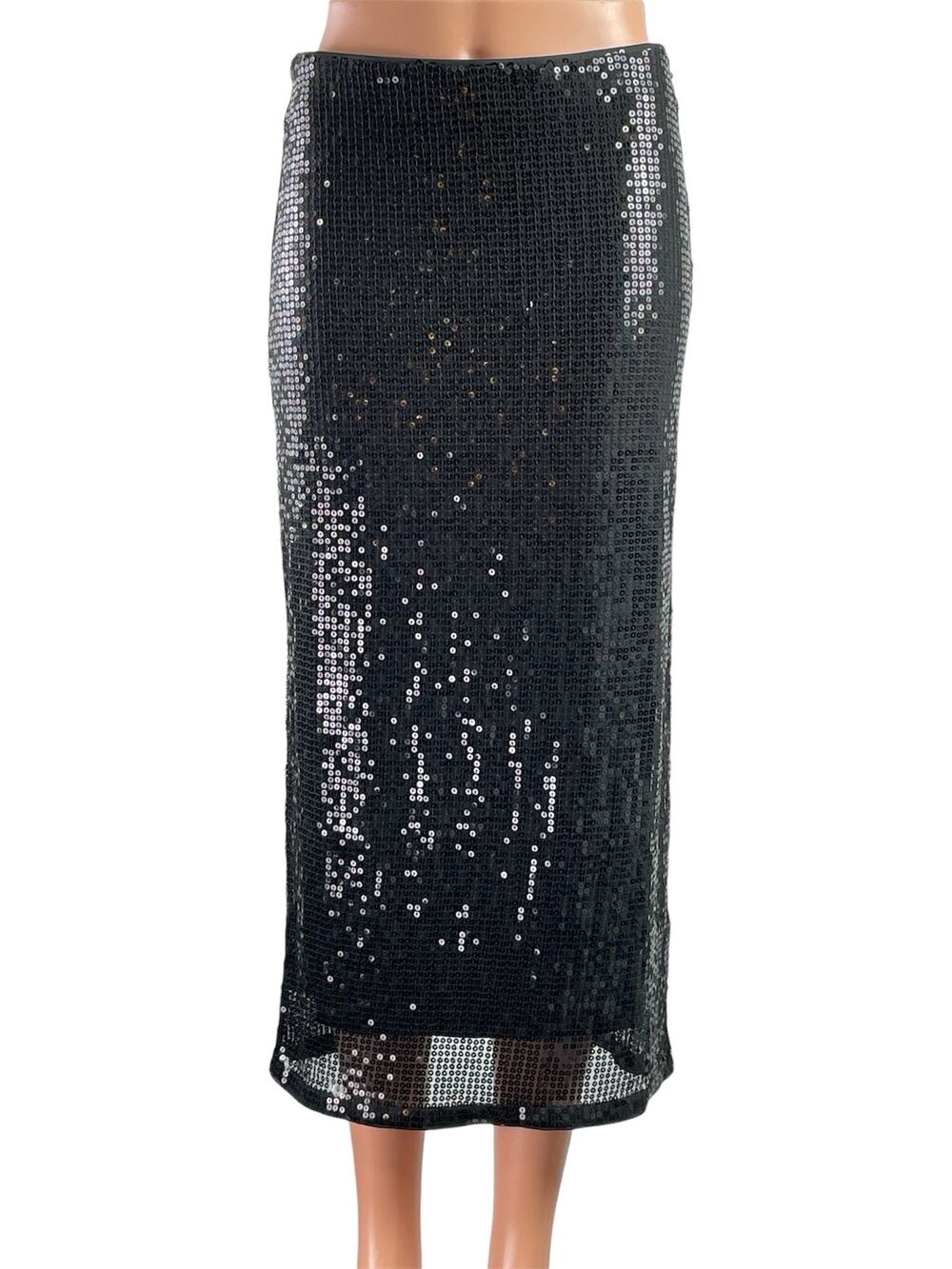 NEW H&M Women's Black Sequin Embellished Mid Rise Midi Straight Pencil Slirt S